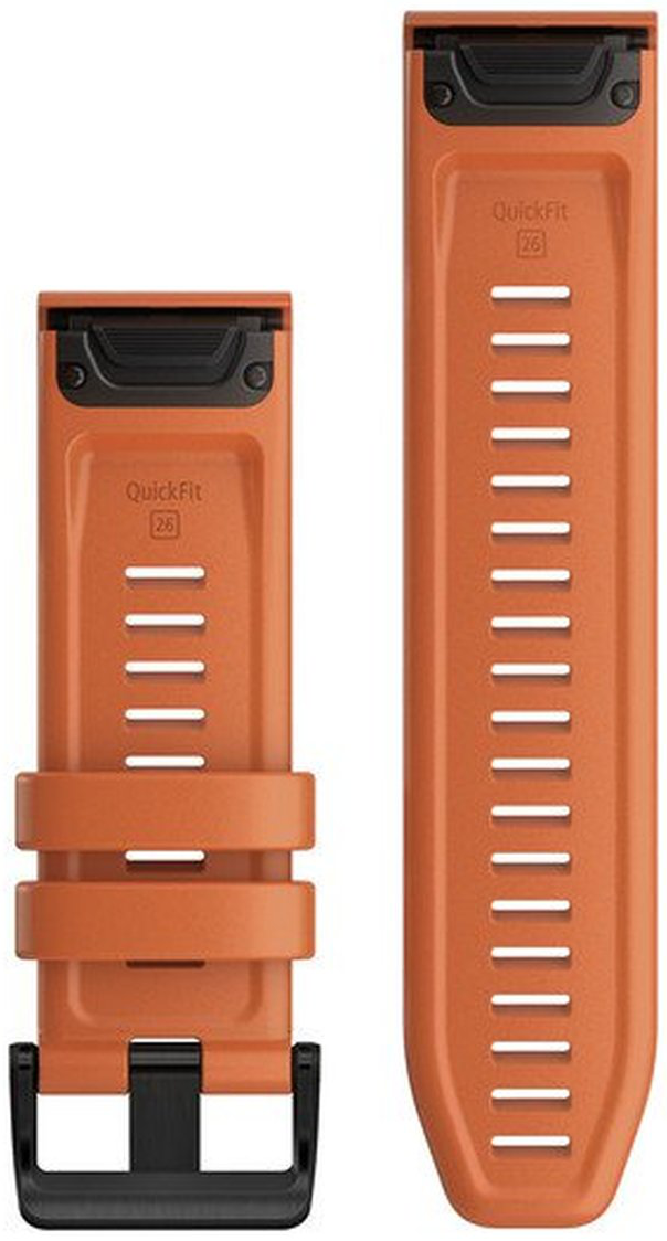 Orangefarbene Armbänder für Garmin, mit schwarzen Anschlüssen und QuickFit 26 Beschriftung.