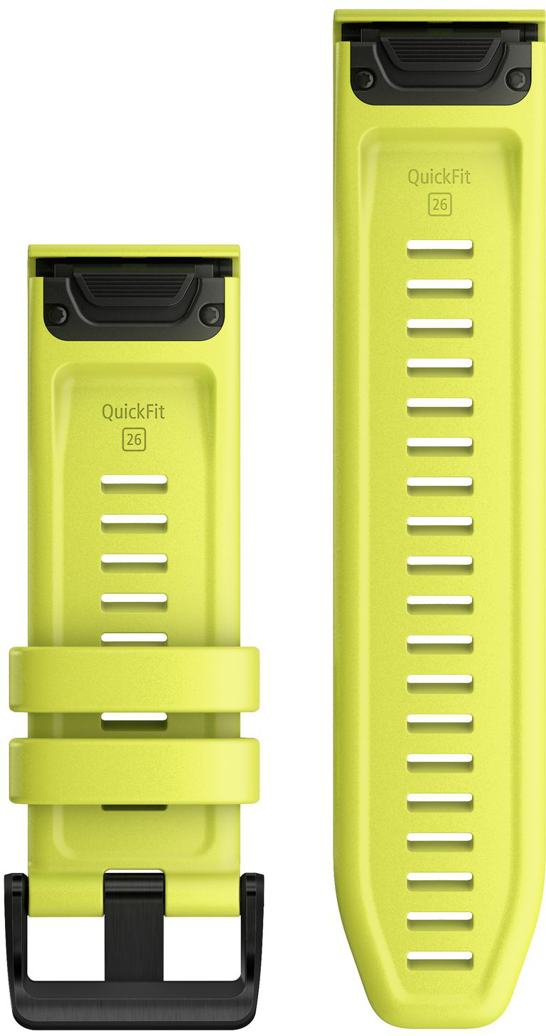 Zwei gelbe Uhrenarmbänder mit den Worten "QuickFit 26" und einer schwarzen Schnalle, isoliert.