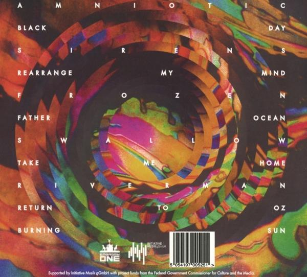 CD-Rückseite mit farbenfrohem, kreisförmigem Design mit Text in einer Spirale.