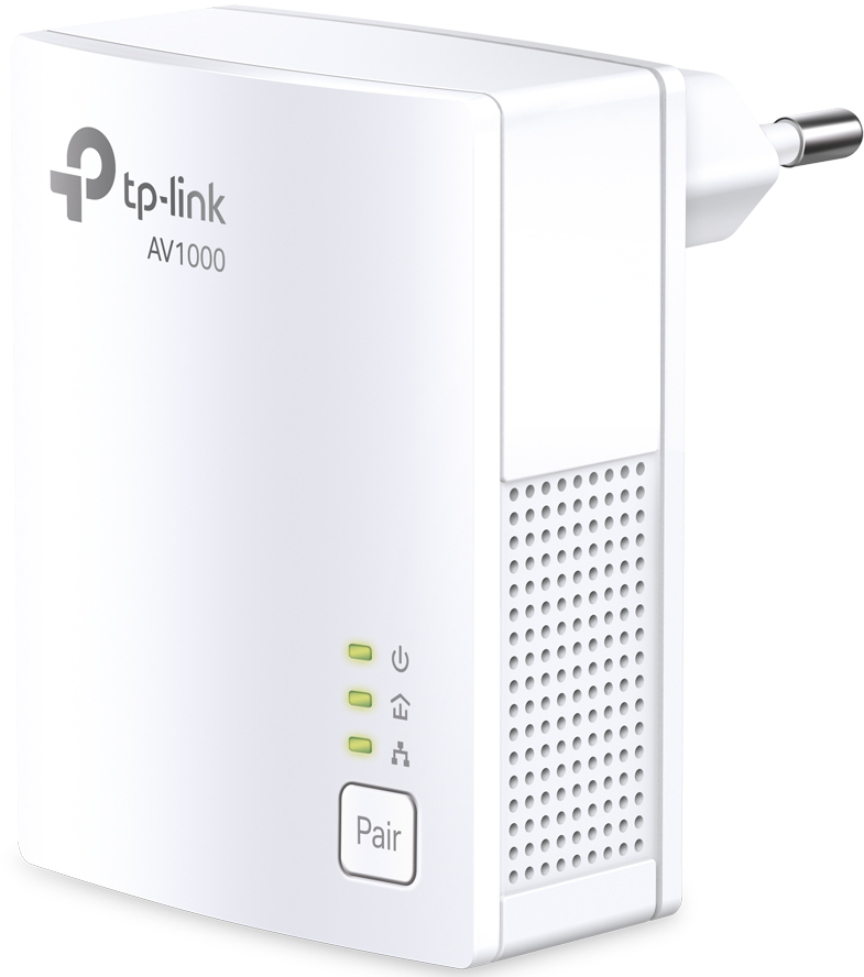 Adattatore powerline tp-link AV1000 bianco con tre spie di stato verdi.
