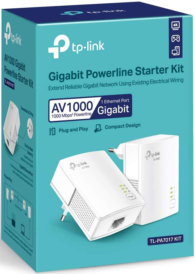 Una scatola del kit adattatore Powerline. Ha due adattatori e informazioni sul prodotto.