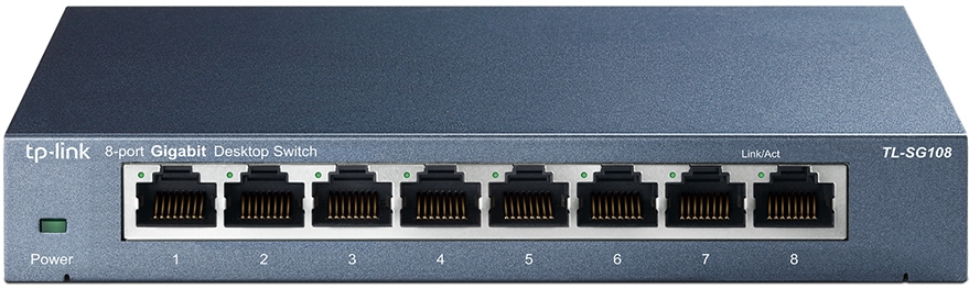 Un commutateur Gigabit Ethernet à 8 ports gris avec ports numérotés de 1 à 8.