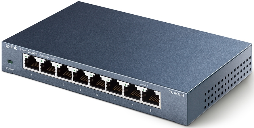 Commutateur réseau bleu avec 8 ports, ports 1-8. Voyants d'alimentation et Link/Act.