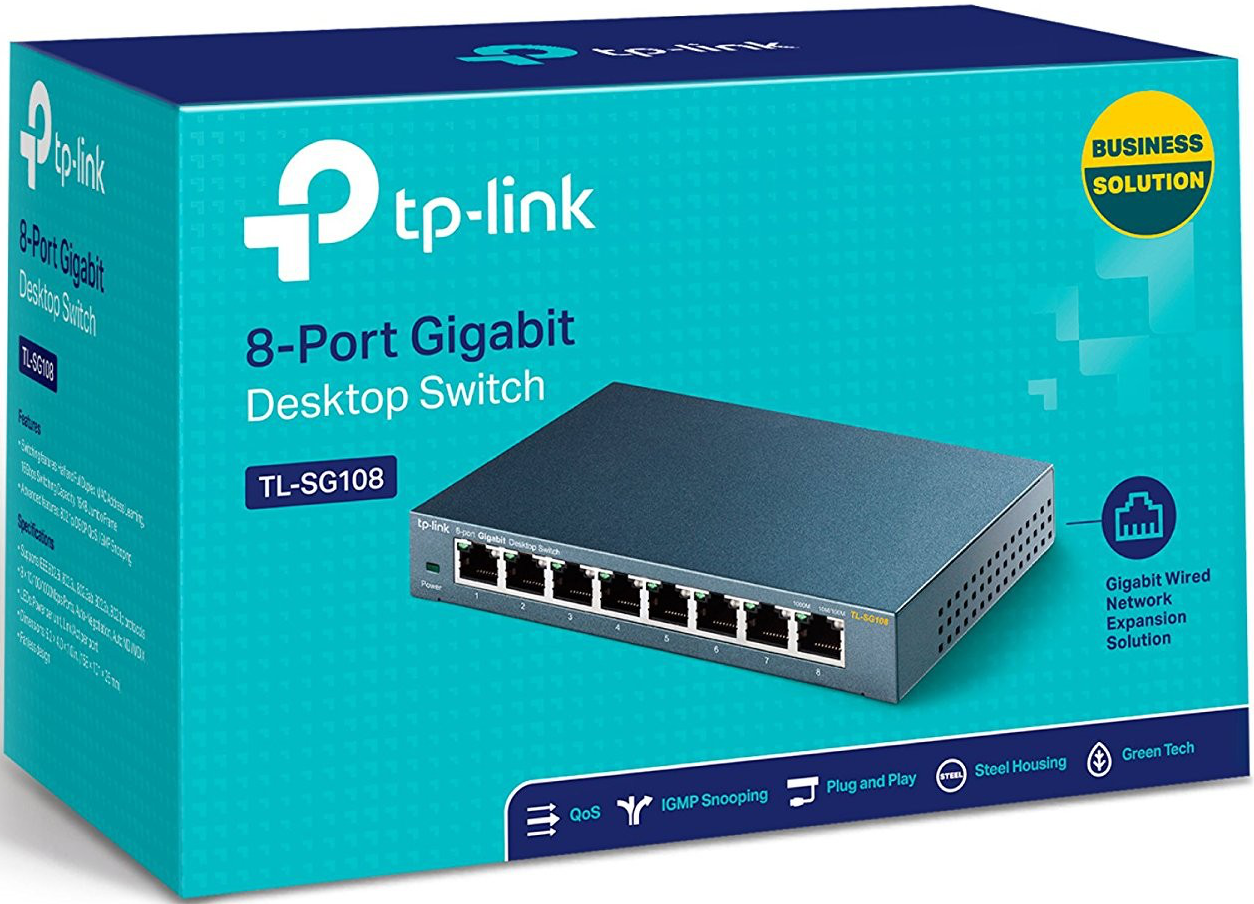 Une boîte de commutateur de bureau Gigabit à 8 ports TP-Link. Elle est turquoise avec une image du commutateur et du texte.