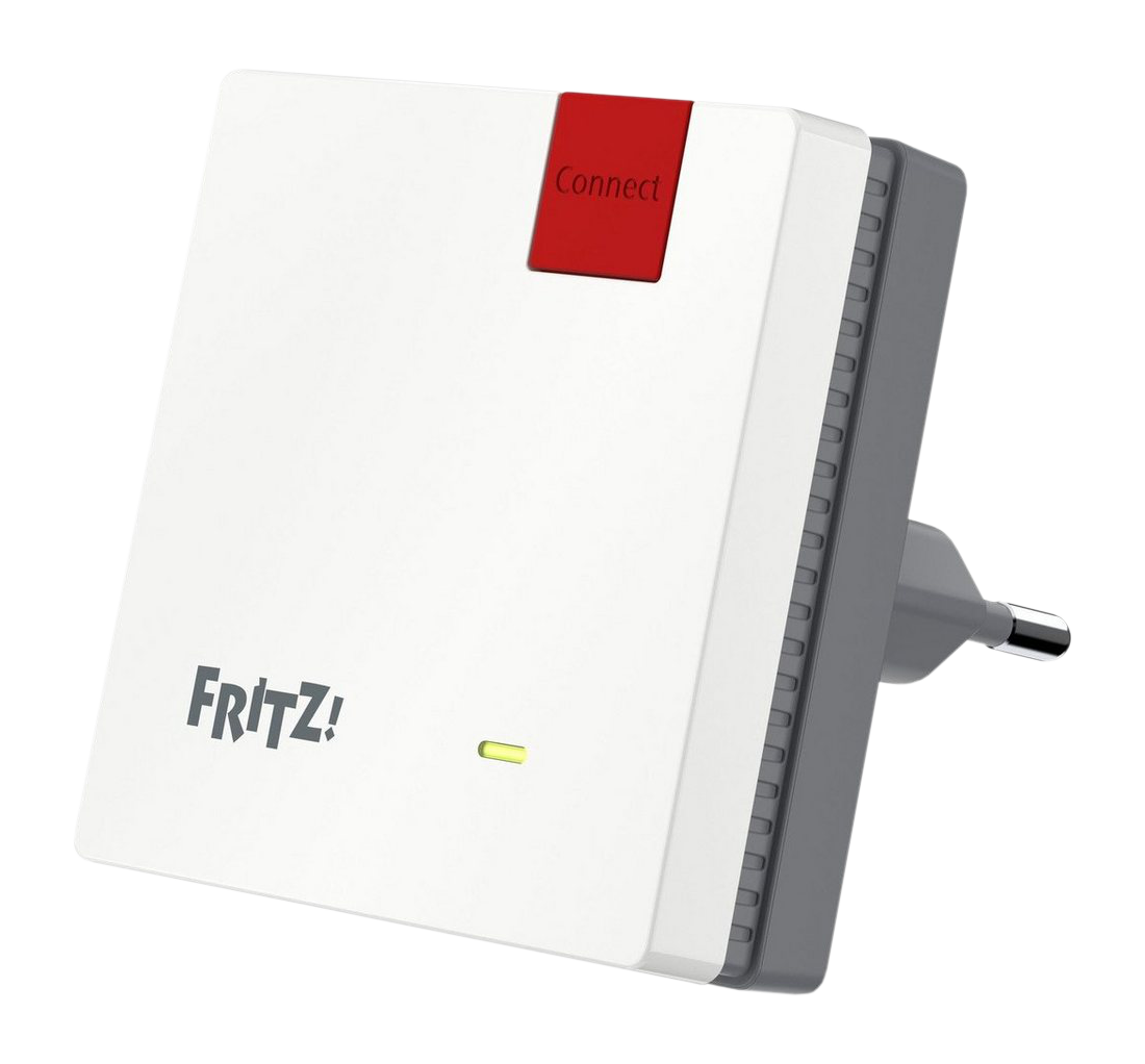 Ein weißer Frit! WLAN-Repeater mit roter Taste und grüner Kontrollleuchte.