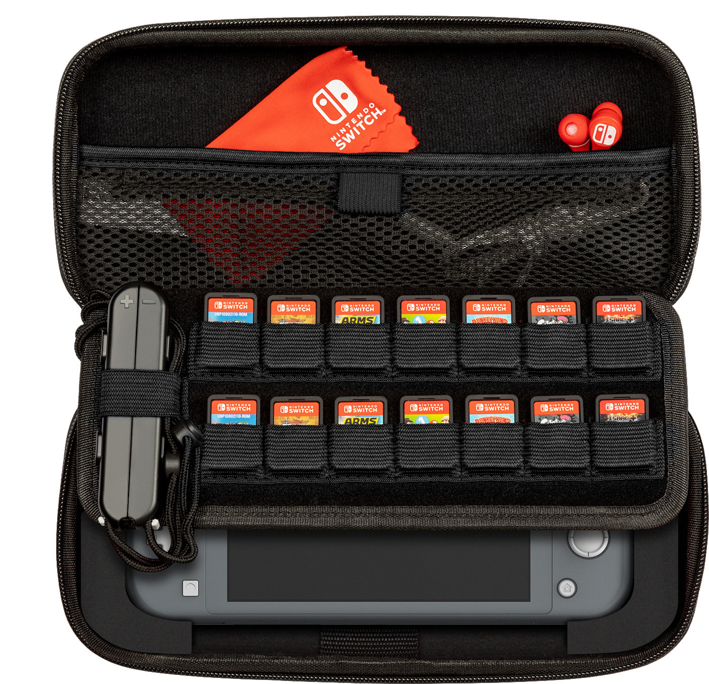 Geöffnete schwarze Hülle mit Switch-Konsole, Spielkassetten, Reinigungstuch und roten Ohrhörern.