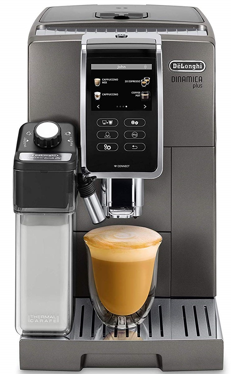 DE LONGHI Kaffeevollautomat Dinamica Plus ECAM 370.95.T Kaffeevollautomat (Grau, Kegelmahlwerk, 19 bar, integrierter Milchbehälter)