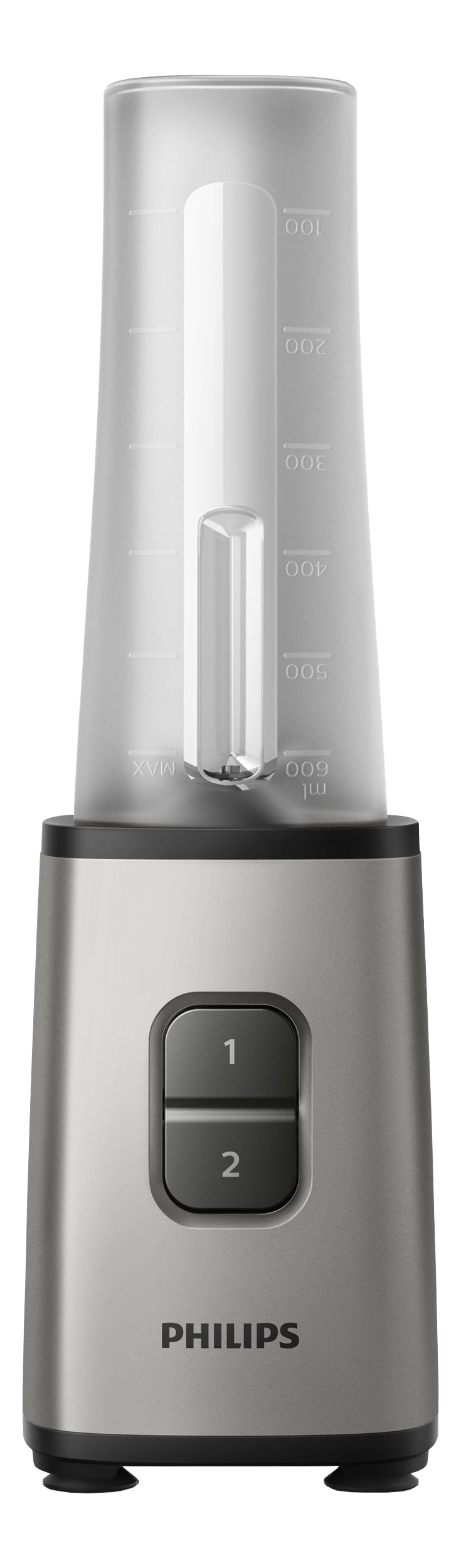 Blender Philips argent et noir. Il a deux boutons et un récipient transparent avec mesures.