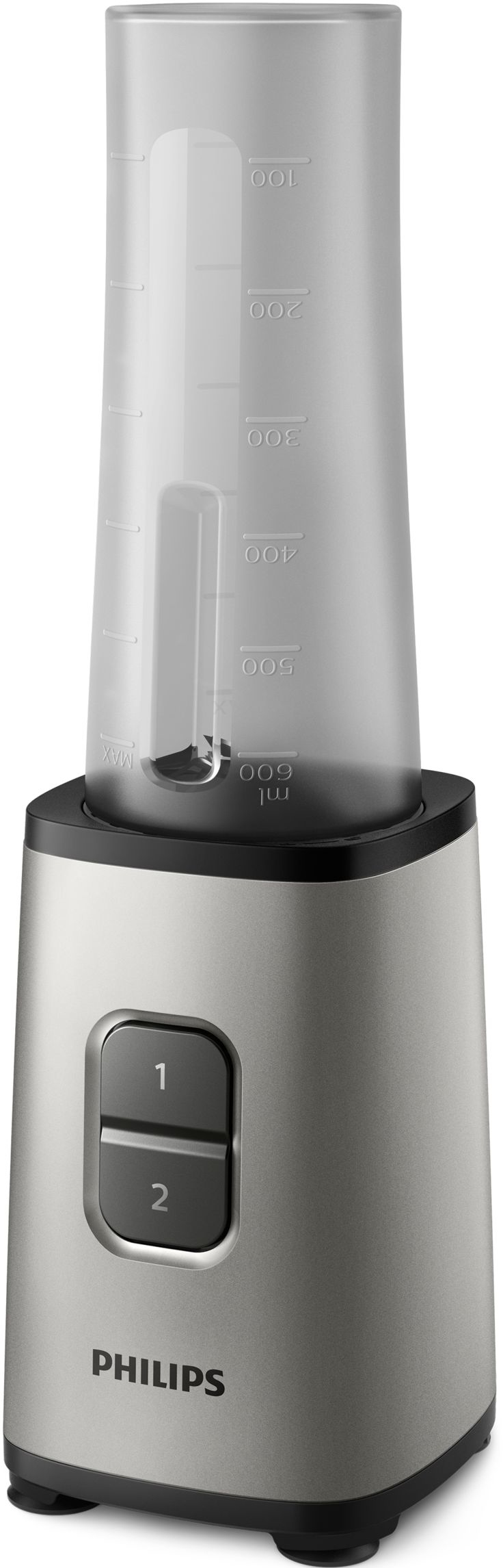 Blender argent et gris avec un récipient transparent et deux boutons de commande.