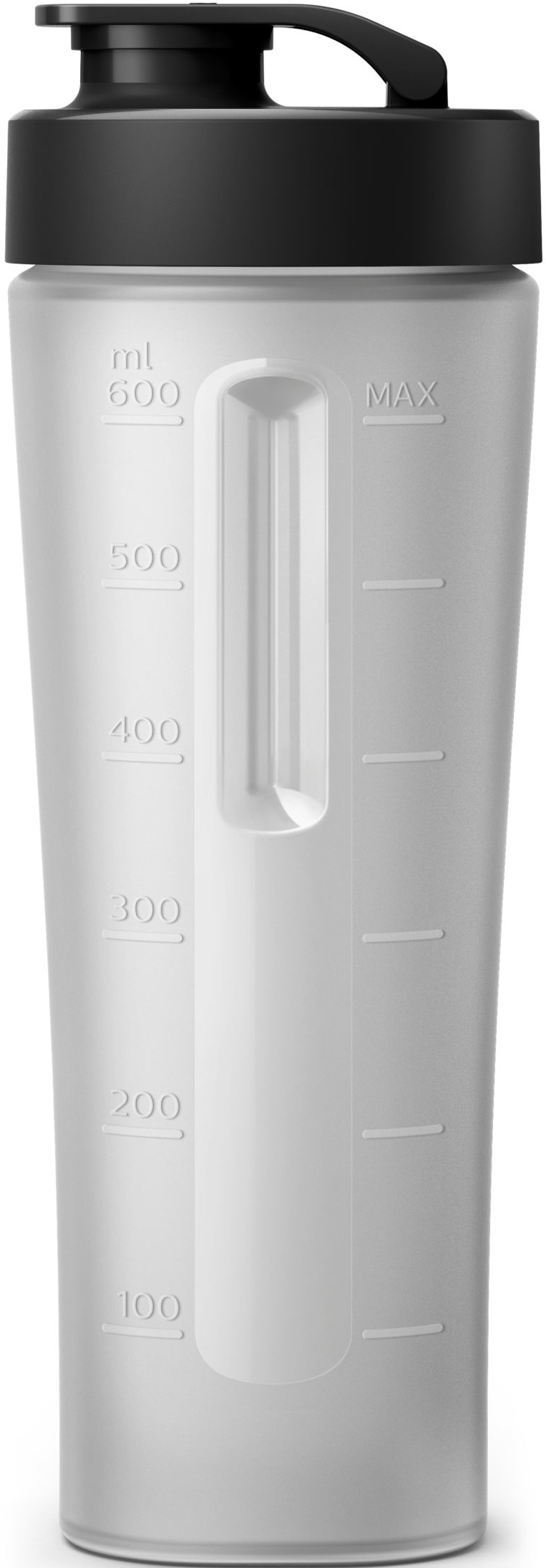 Une bouteille d'eau blanche avec un bouchon noir, des repères de mesure et une fenêtre transparente.