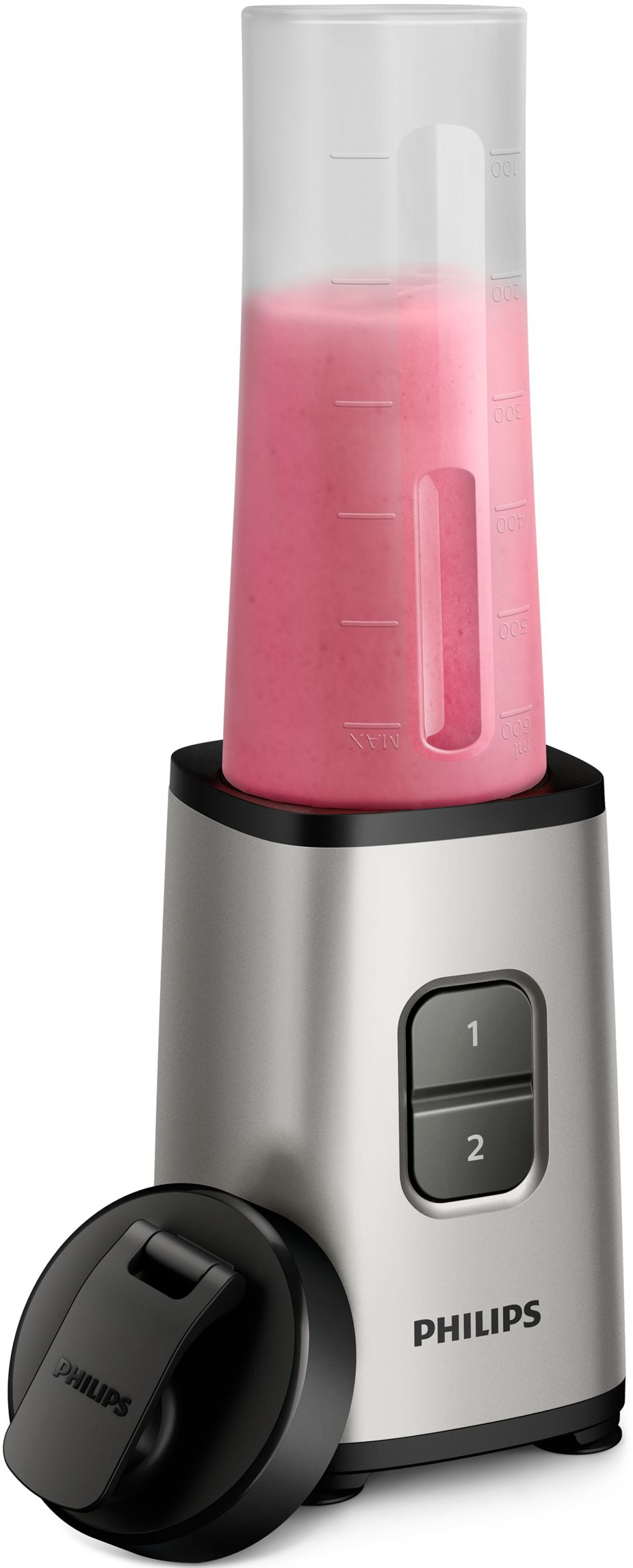 Blender argenté avec smoothie rose. Bouchon noir sur le côté. Deux boutons devant, logo Philips.