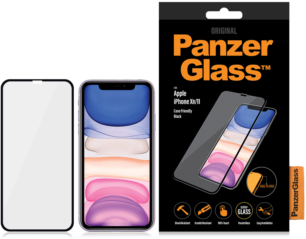 PanzerGlass screen protector for iPhone.  iPhone and protector are on the left.  Black box on the right.