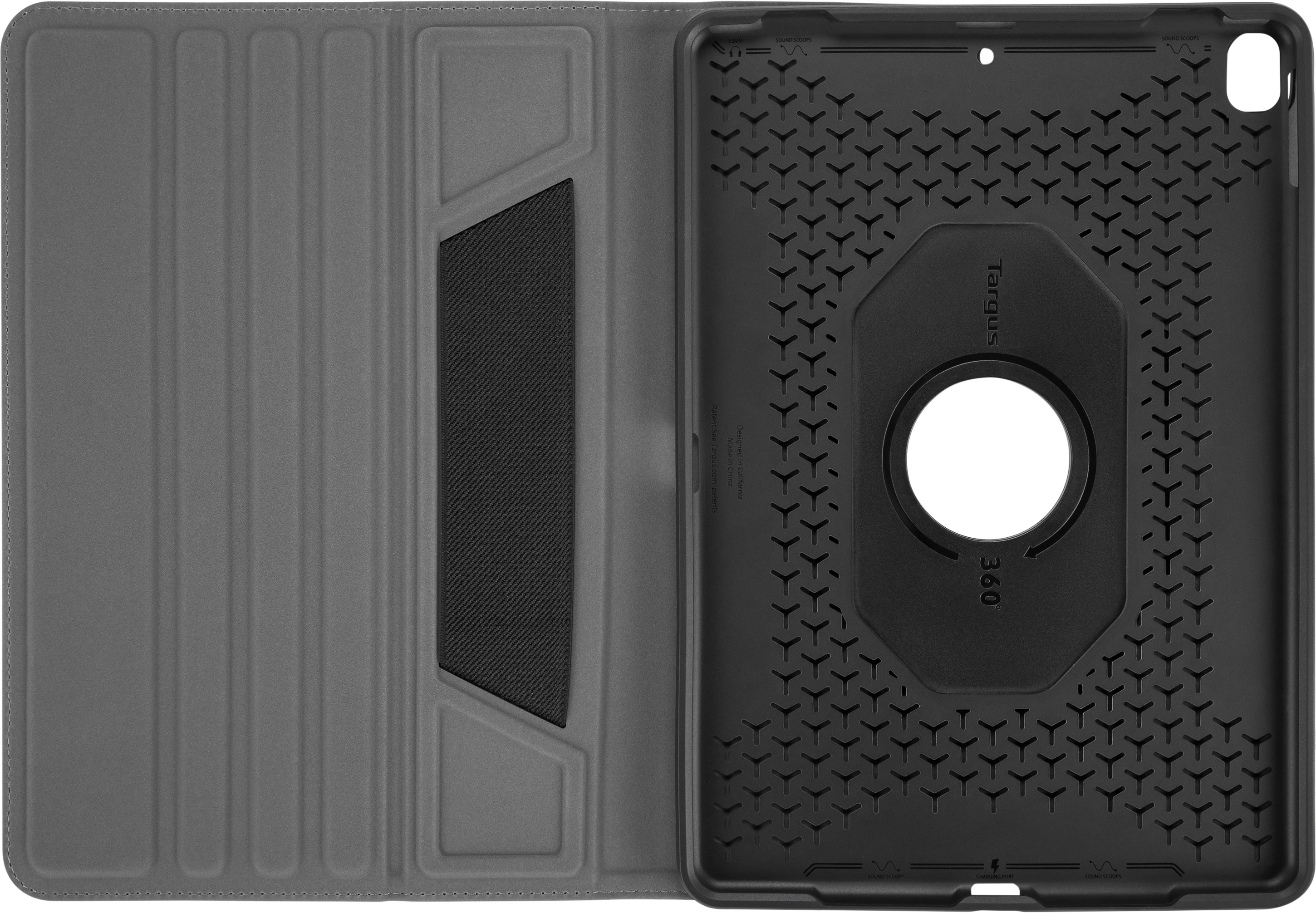 Targus Tablet-Hülle, geöffnet zur Innenansicht. Grauer Deckel, schwarzer Innenraum mit 360° Drehung.