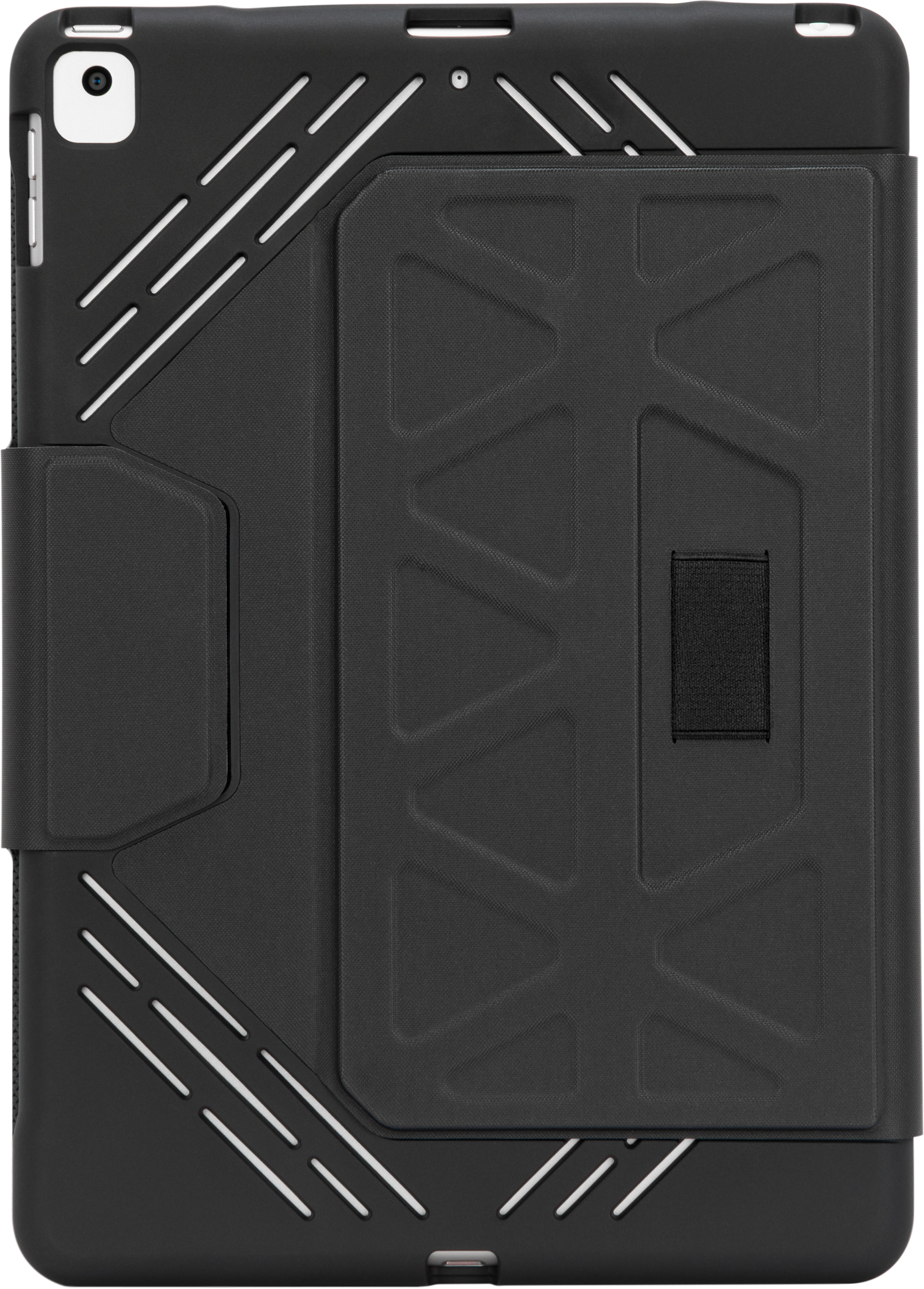 Eine schwarze iPad-Hülle mit strukturierter Rückseite, Verschluss und weißen Designelementen.