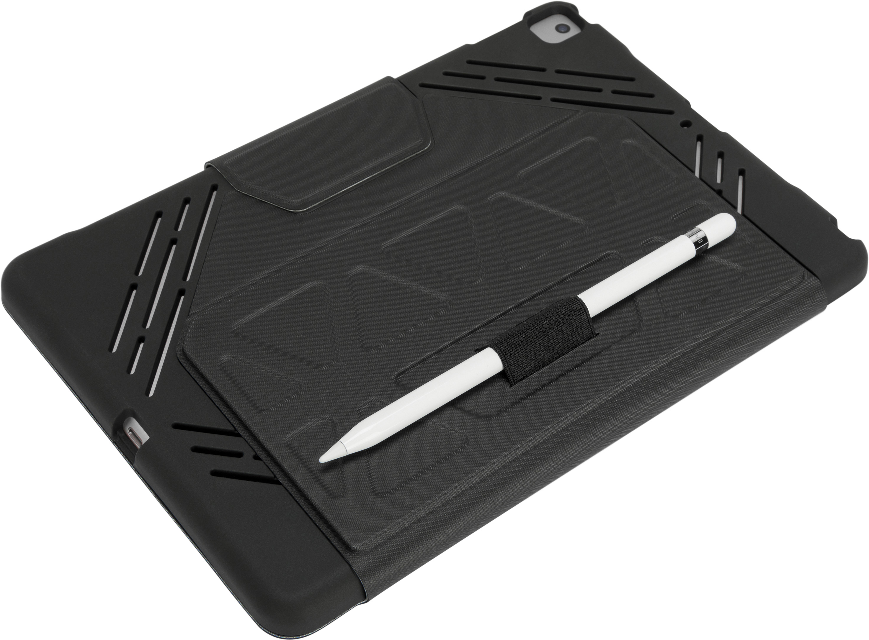Schwarze iPad-Hülle mit Stifthalter und Stift.