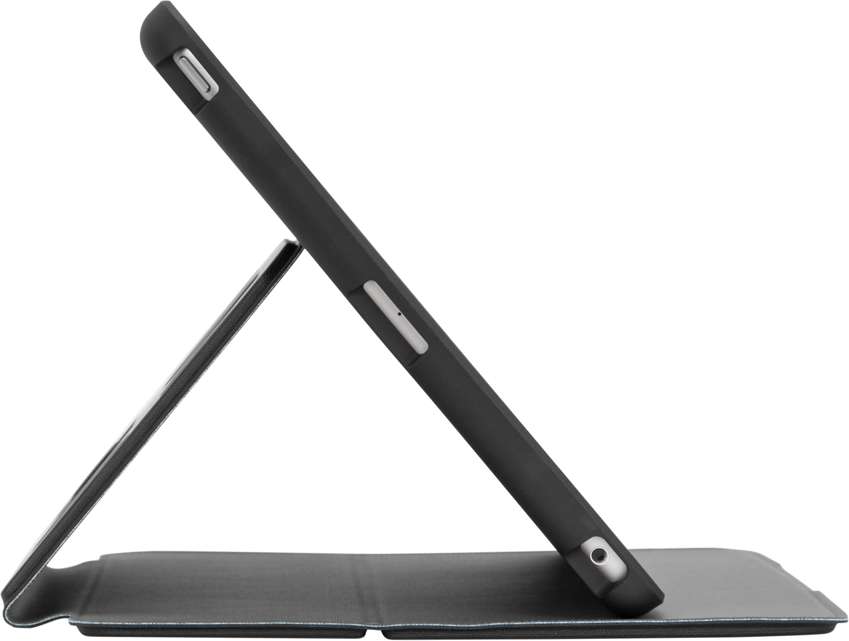 Tablet in einer schwarzen Hülle, angewinkelt. Zeigt die Seite mit Knöpfen und Anschlüssen, weißer Hintergrund.