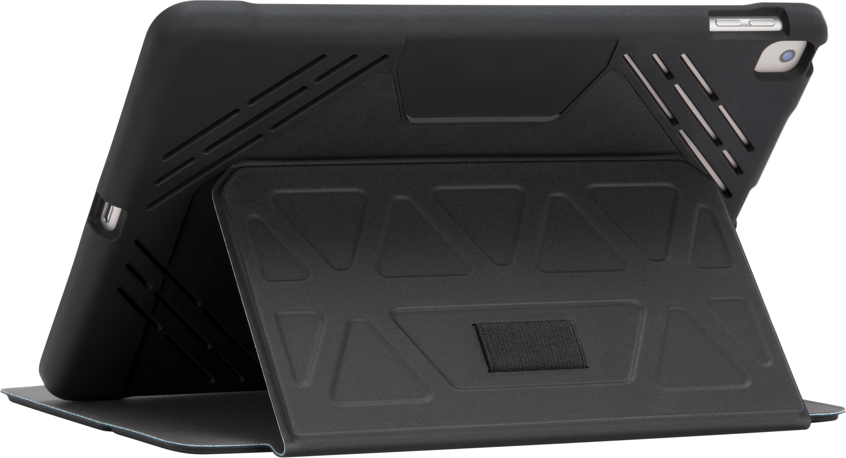 Schwarze iPad-Hülle mit Ständer, nach oben abgewinkelt, mit strukturierter Oberfläche und Logo sichtbar.