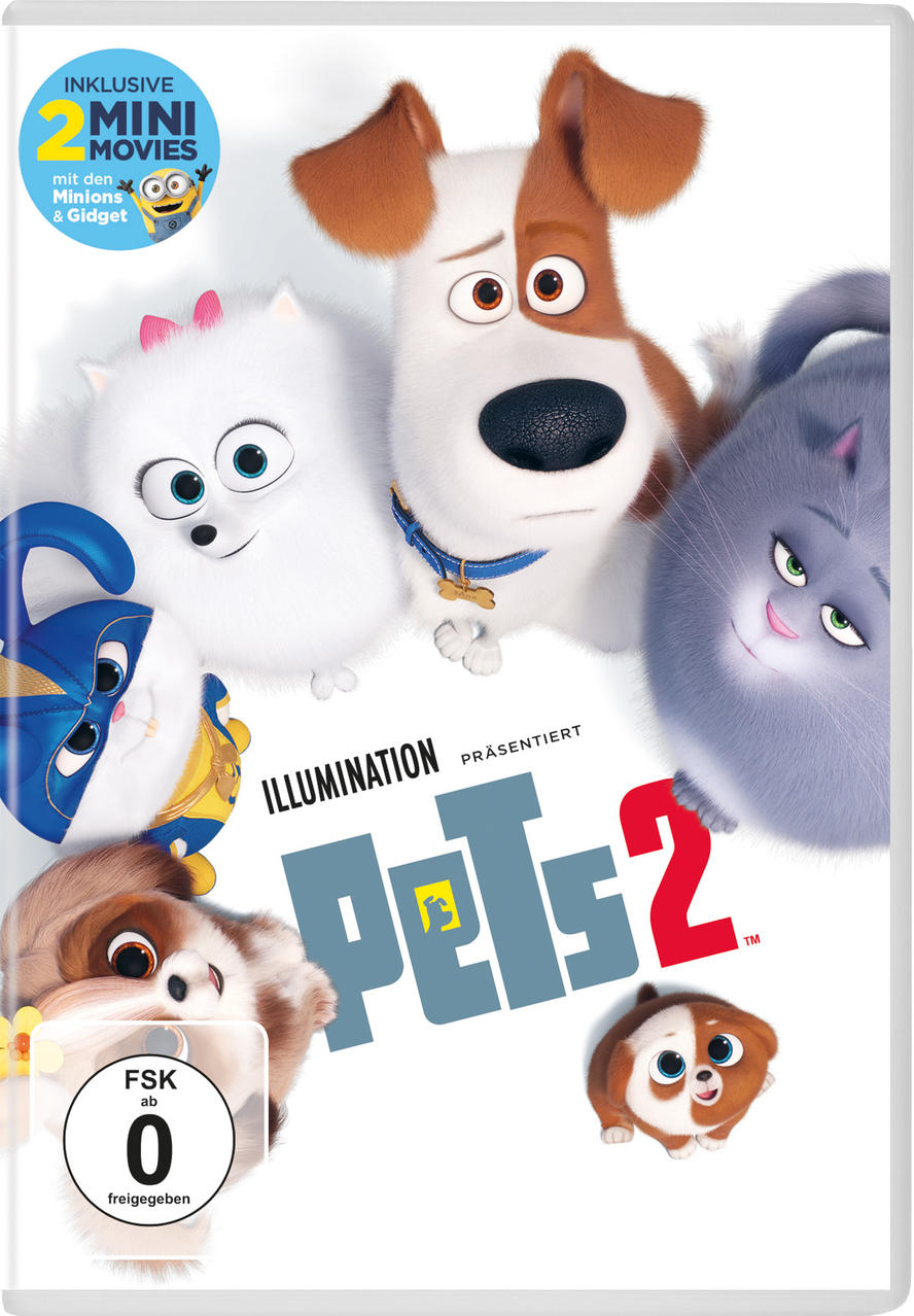 DVD-Cover von 'Pets 2' mit Zeichentrickhunden und Katzen, mit blauem Hintergrund.