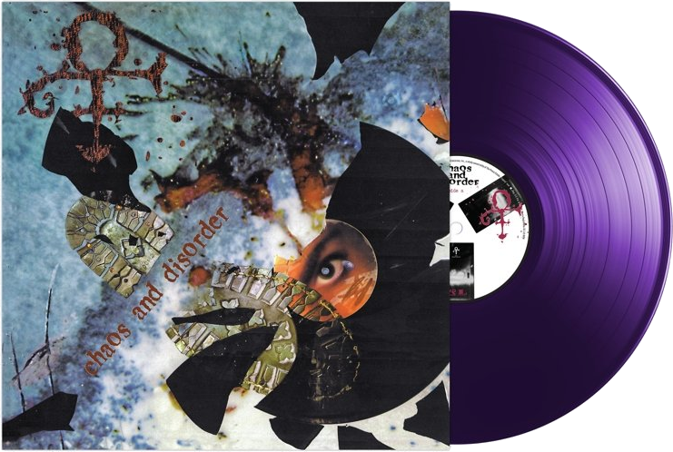 Vinyle violet avec une pochette représentant un visage, des formes abstraites et du texte.