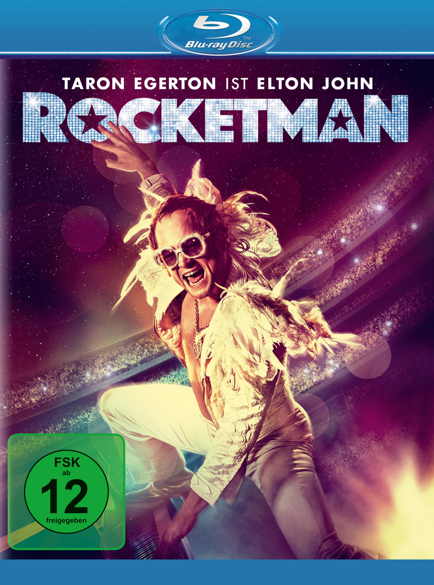 Rocketman Blu-ray-Cover. Taron Egerton als Elton John, in einem extravaganten Bühnenoutfit. Der Titel ist prominent angezeigt.