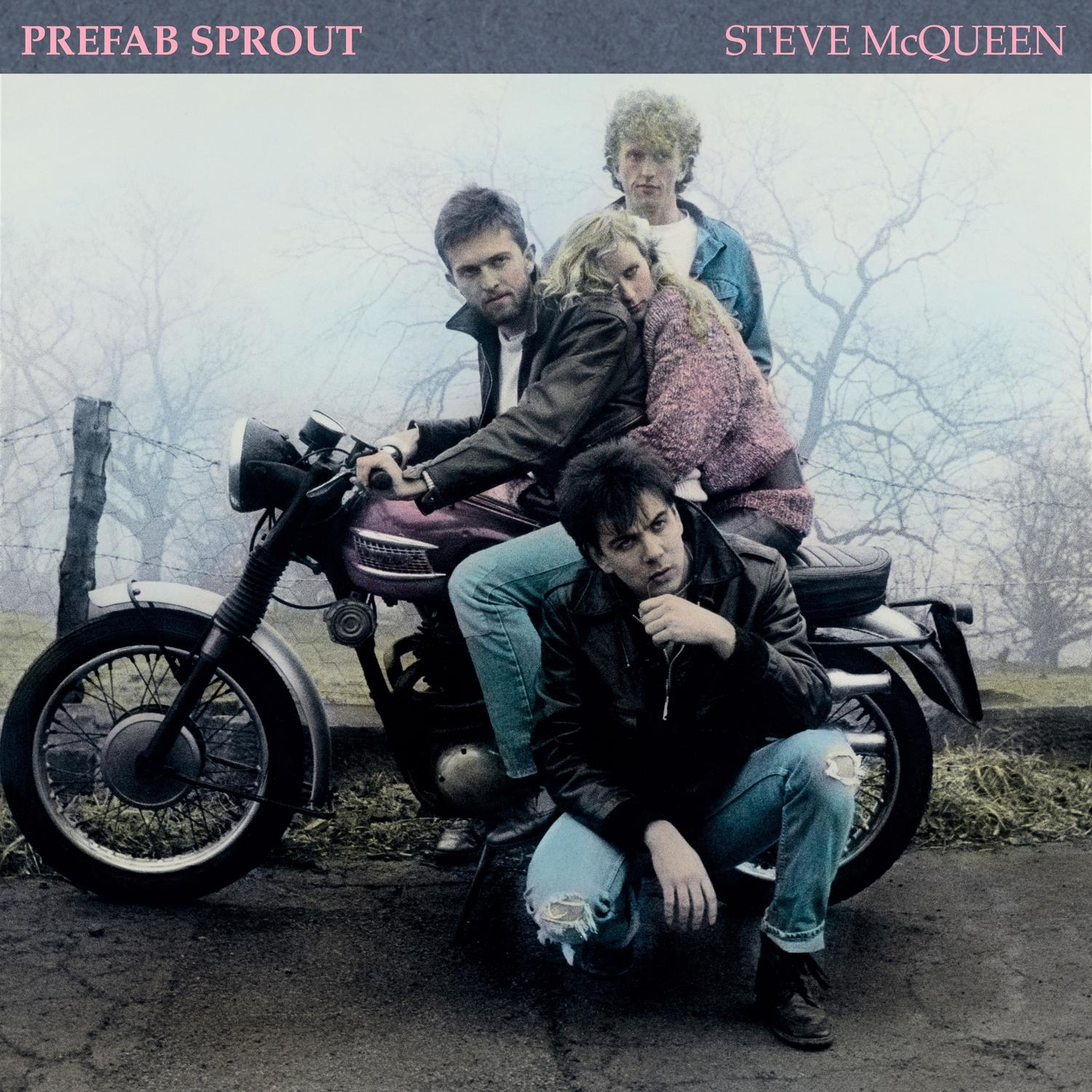 Albumcover mit vier Personen auf einem Motorrad. Titel Prefab Sprout, Steve McQueen.