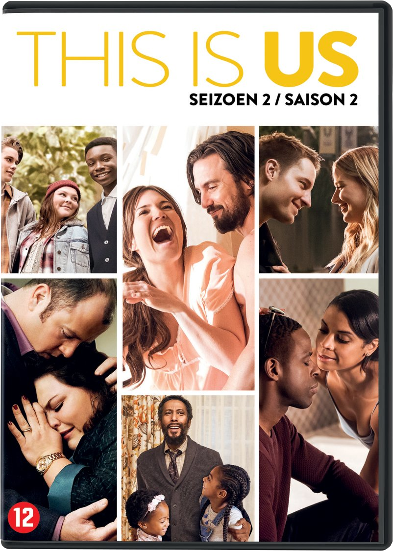 Pochette DVD This Is Us Saison 2. Collage d'acteurs avec texte. Bordure noire.