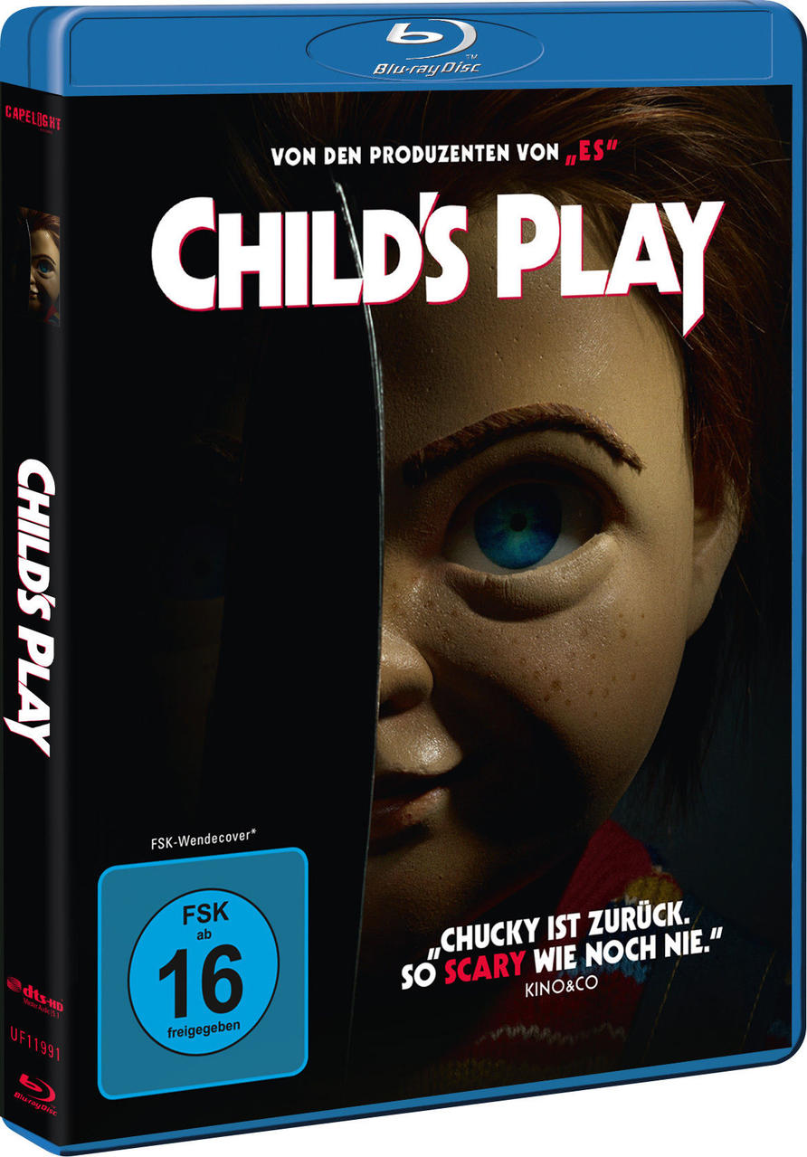 Blu-ray-Cover, Filmtitel 'Child's Play'. Chucky's Gesicht ist zu sehen. Text auf Deutsch.