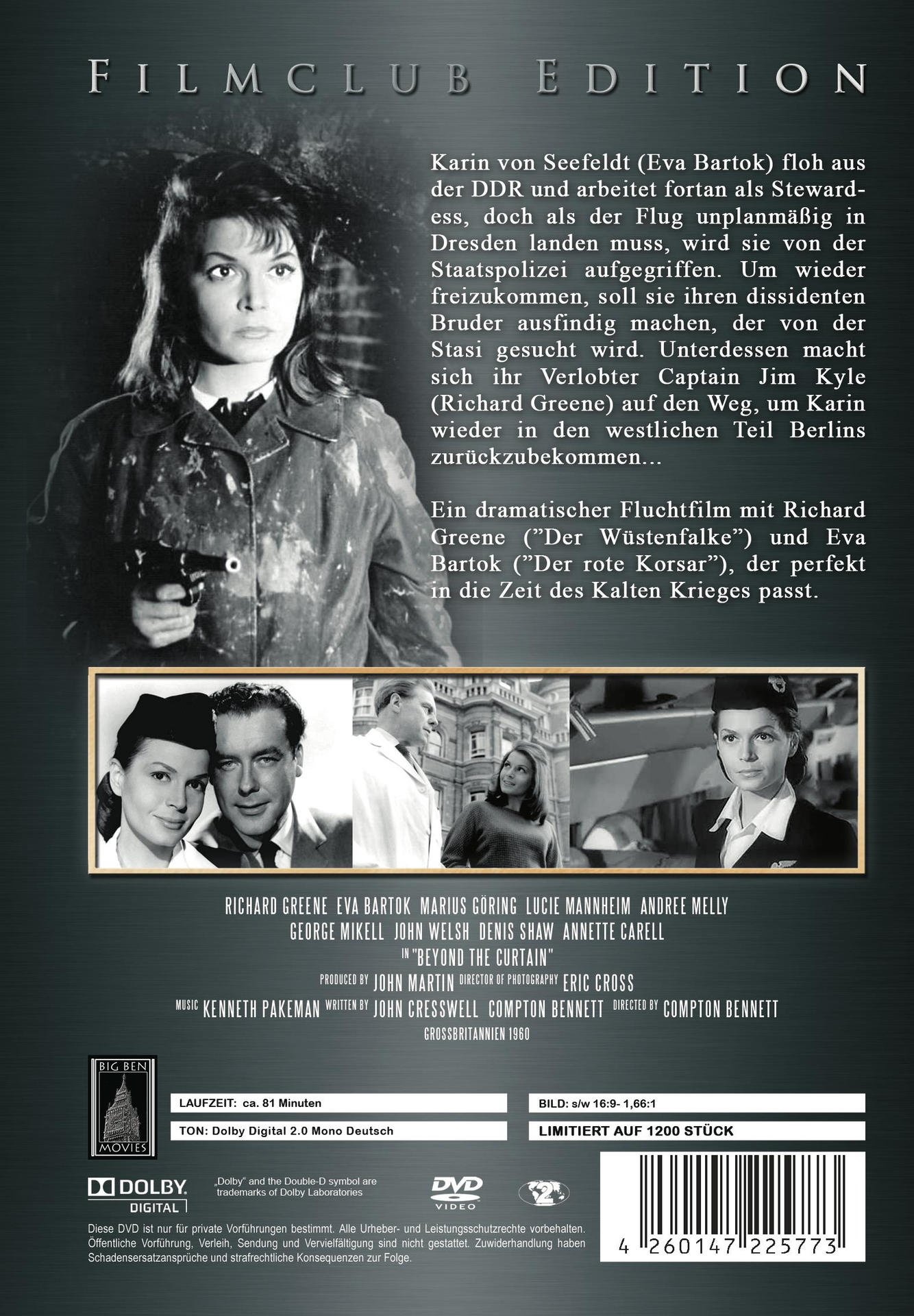DVD-Cover für den Film 'Beyond the Curtain'. Enthält Bilder von Schauspielern und Text über die Handlung und die Besetzung des Films.