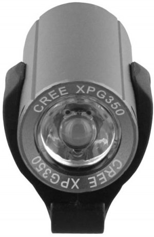 Black and silver bicycle light with CREE XP-G350 text, black mounting strap.