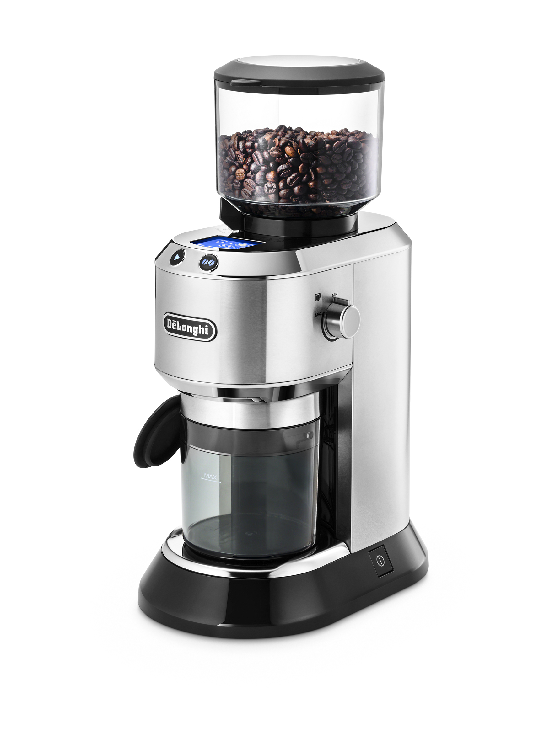 Silberne DeLonghi Kaffeemühle mit einem Glasbehälter für Bohnen und einem schwarzen Sockel.
