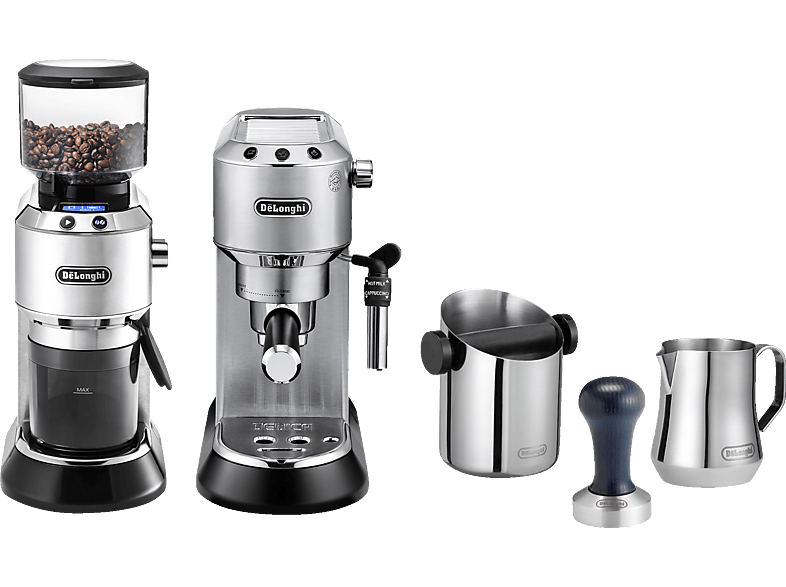 DELONGHI Dedica Style ECKG 6821.M - Barista Bundle aus Espresso Siebträger und Kaffeemühle 18 Mahlgrade, Espressomaschine Silber