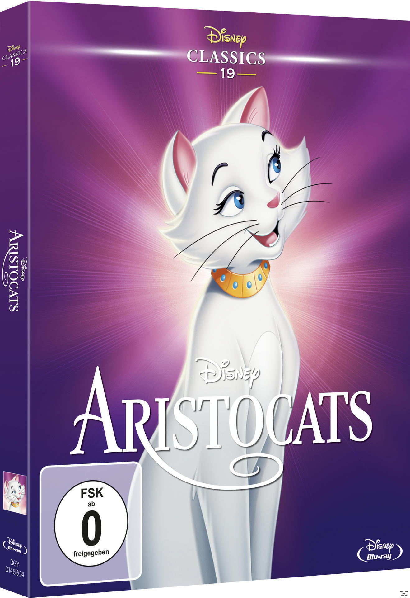 DVD-Hülle von Aristocats. Eine weiße Katze lächelt mit goldenem Kragen, violetter Hintergrund.