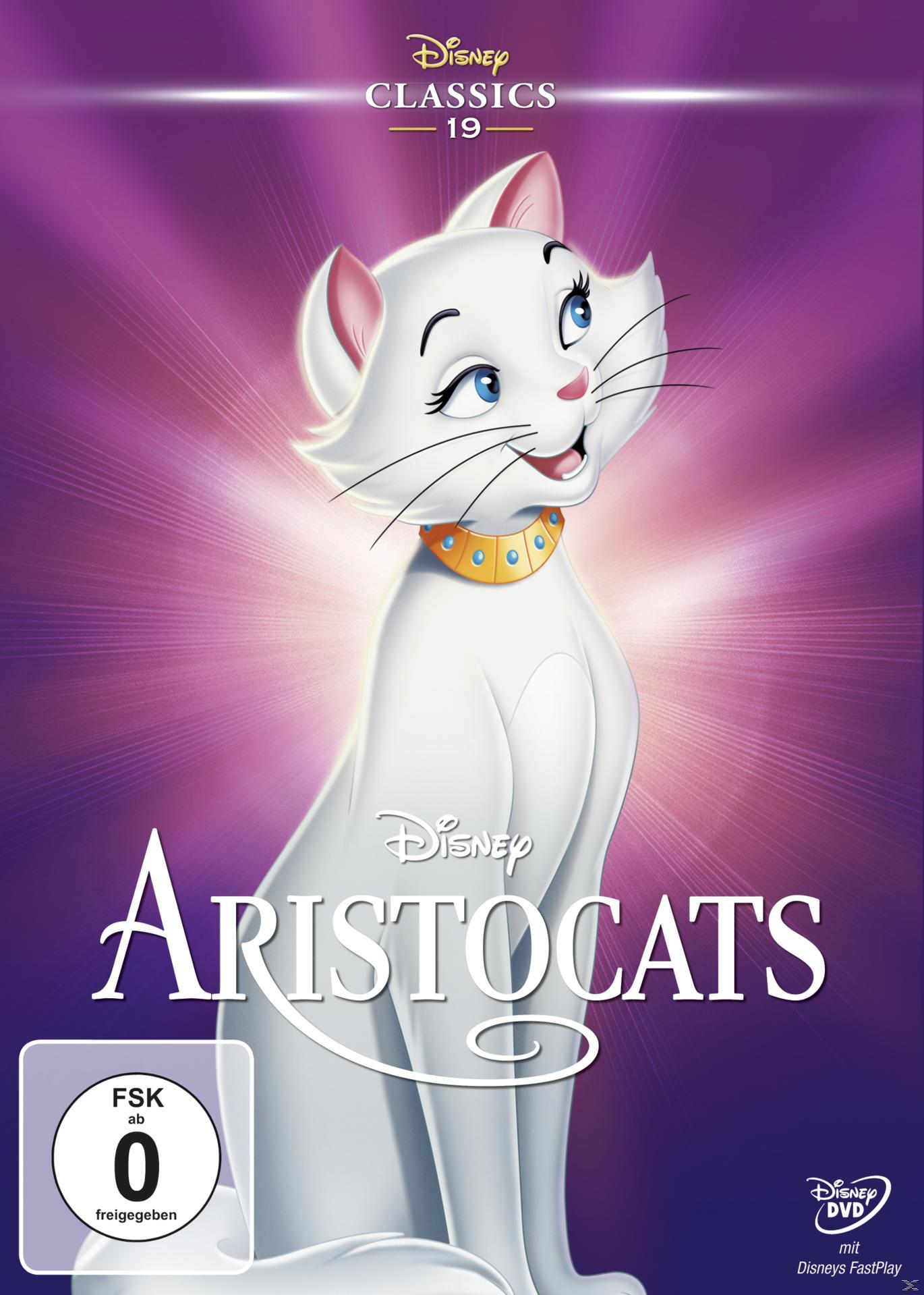 Das Aristocats Disney DVD-Cover. Zeigt eine weiße Katze mit rosa Hintergrund und Disney-Logo.