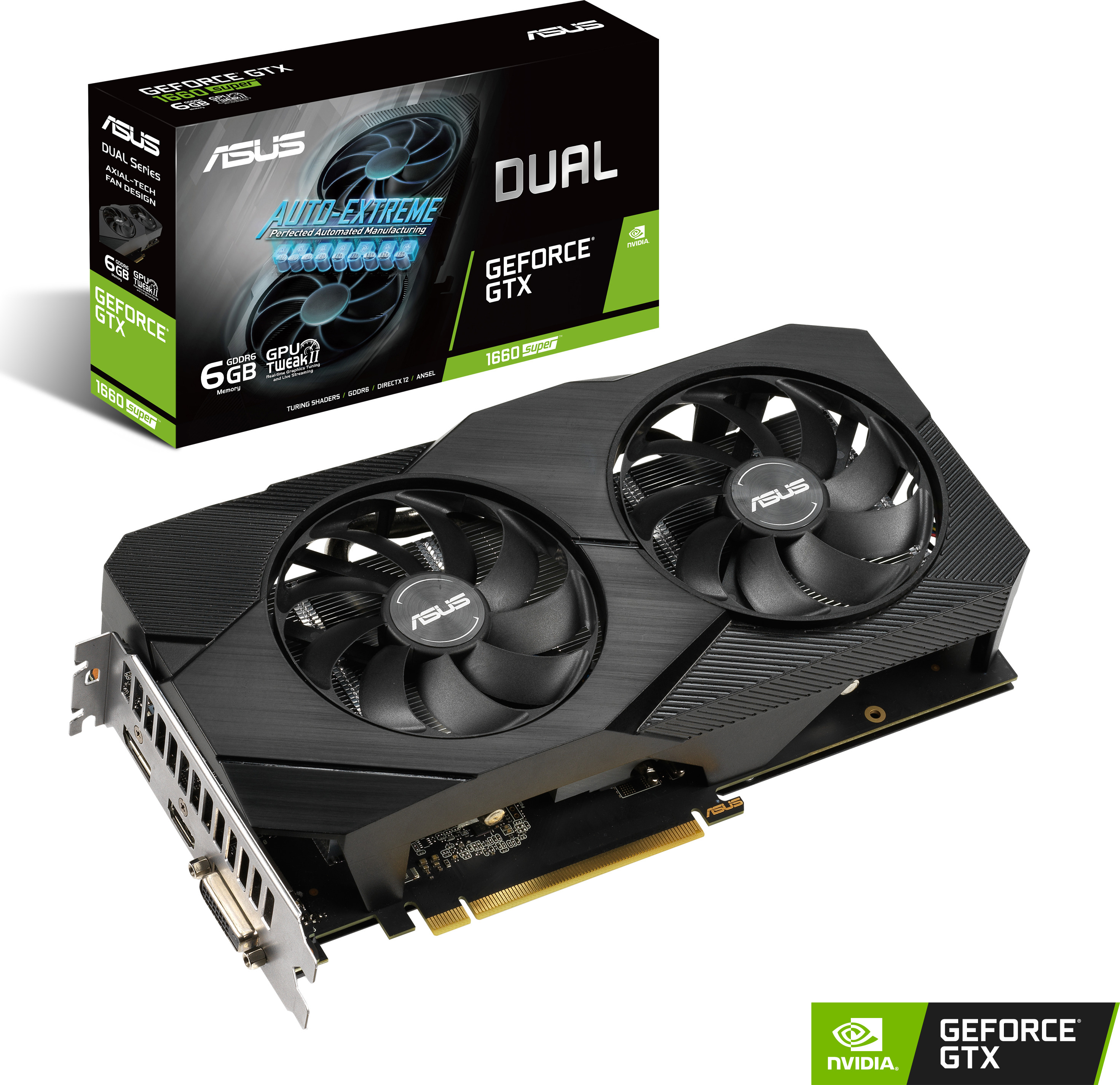 Grafikkarte und Box. Karte ist schwarz mit zwei Lüftern. Box sagt Dual GeForce GTX.