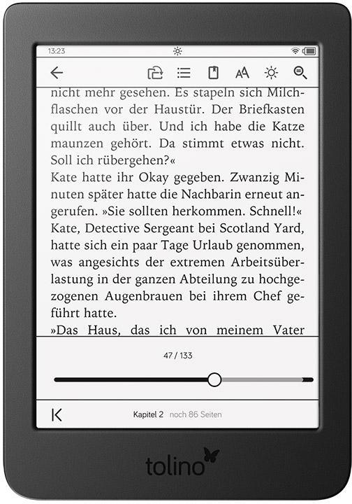 Schwarzer E-Reader, der Text anzeigt, mit weißem Rand und Schmetterlingslogo.