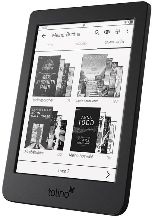Schwarzer E-Reader mit Bildschirm, der Buchcover zeigt, freigestellt auf Weiß.
