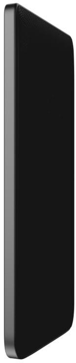 Schwarzes elektronisches Gerät, schlankes Design, Seitenansicht.