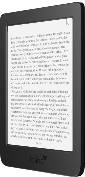 Tolino E-Reader mit Textanzeige, schwarzem Rahmen und weißem Hintergrund.