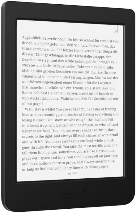 Ein schwarzer E-Reader zeigt Text auf dem Bildschirm an.