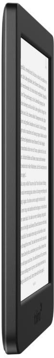 Schwarzer E-Reader, der Text anzeigt, abgewinkelt, um das Seitenprofil zu zeigen.