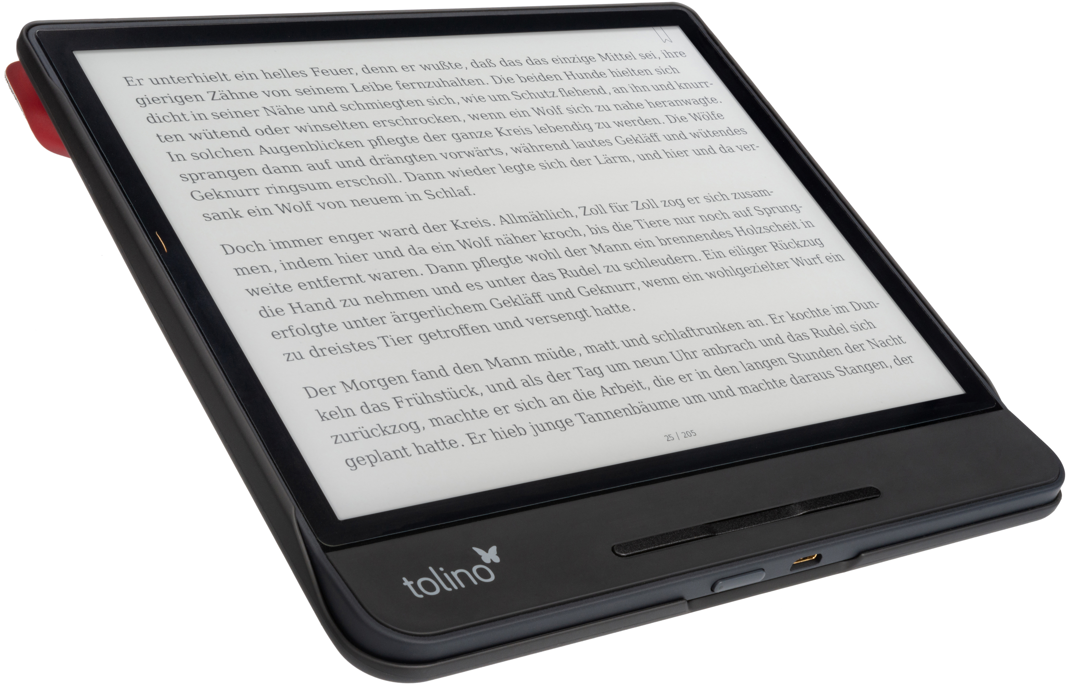 E-Reader mit Text auf dem Bildschirm, schwarzem Rahmen und roter Abdeckung. Auf weißer Oberfläche platziert.