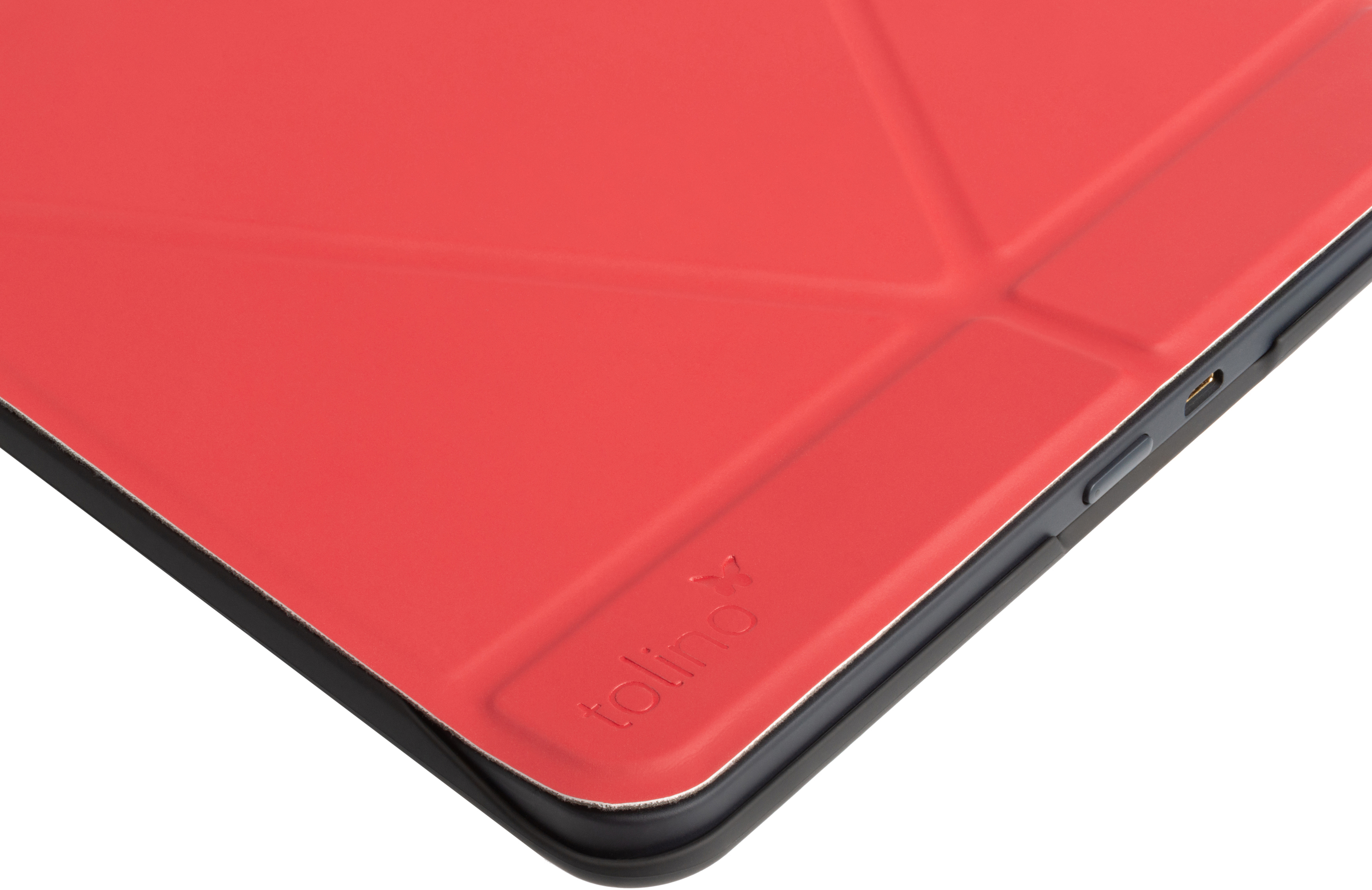 Rote Tolino E-Reader Hülle, mit geprägtem Tolino-Logo, Nahaufnahme.