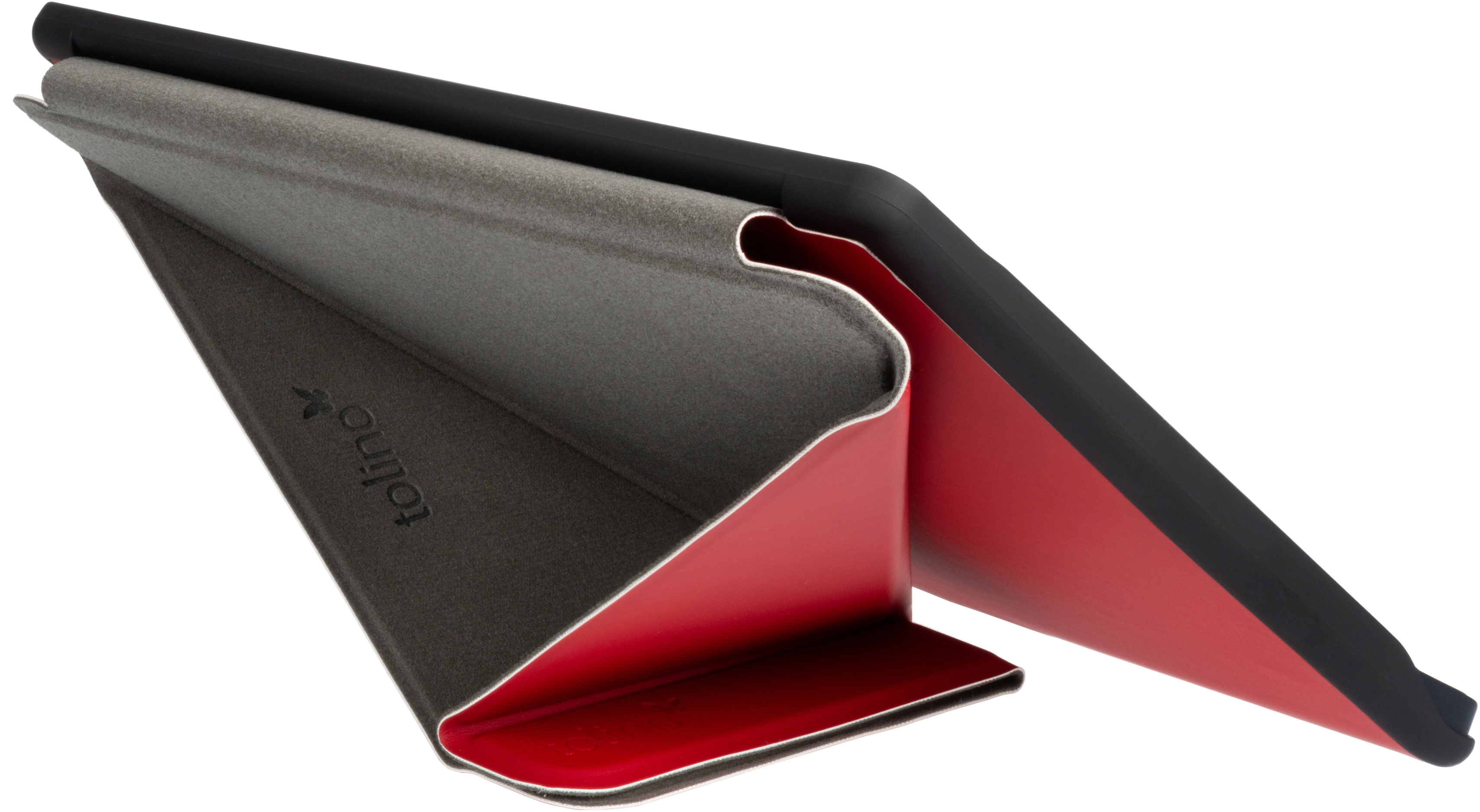 Schwarze E-Reader-Hülle, offen. Roter Innenraum, mit einem schwarzen E-Reader darin.