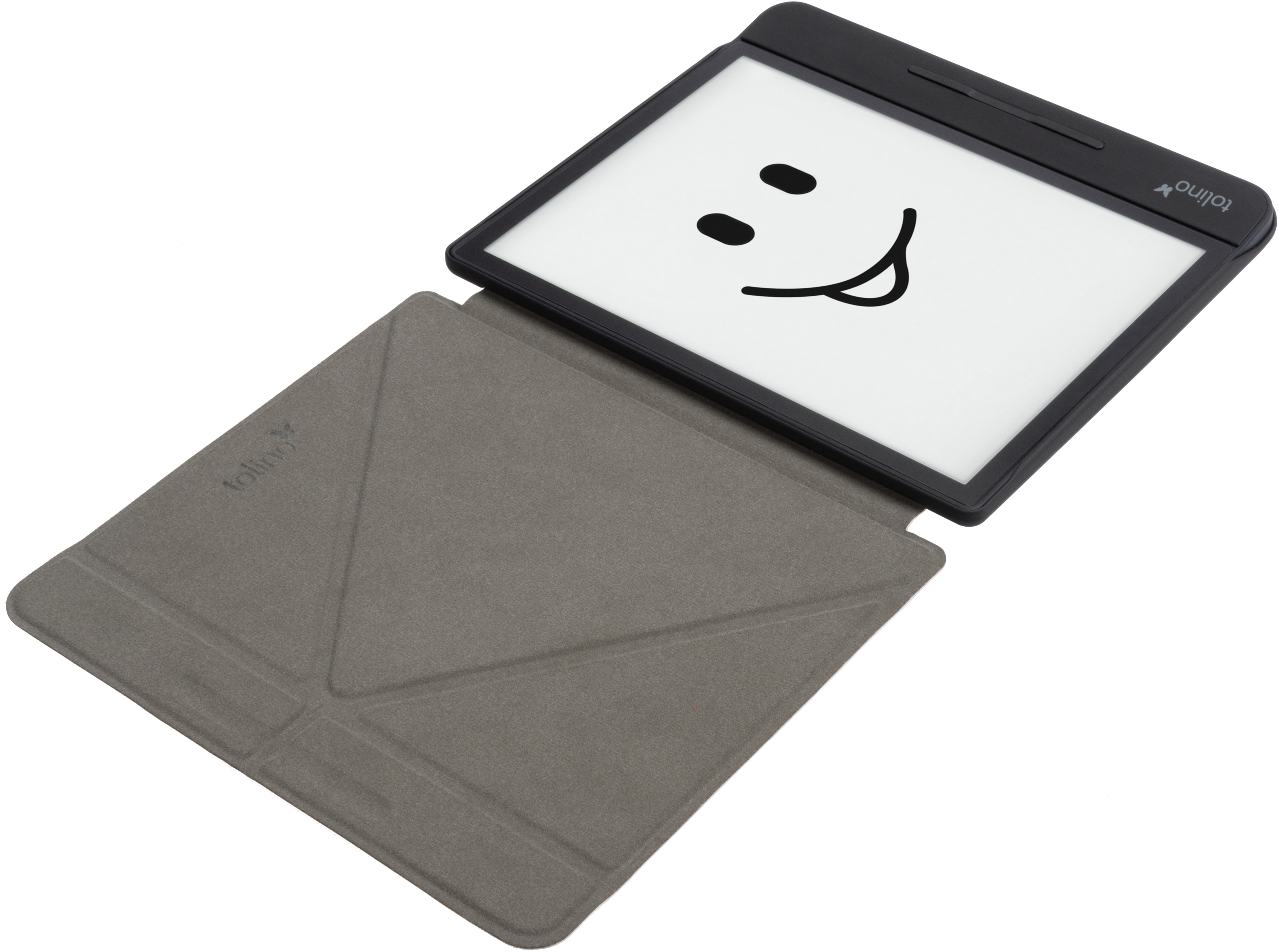Schwarzer E-Reader offen mit Smiley-Gesicht, auf grauem, faltbarem Case.