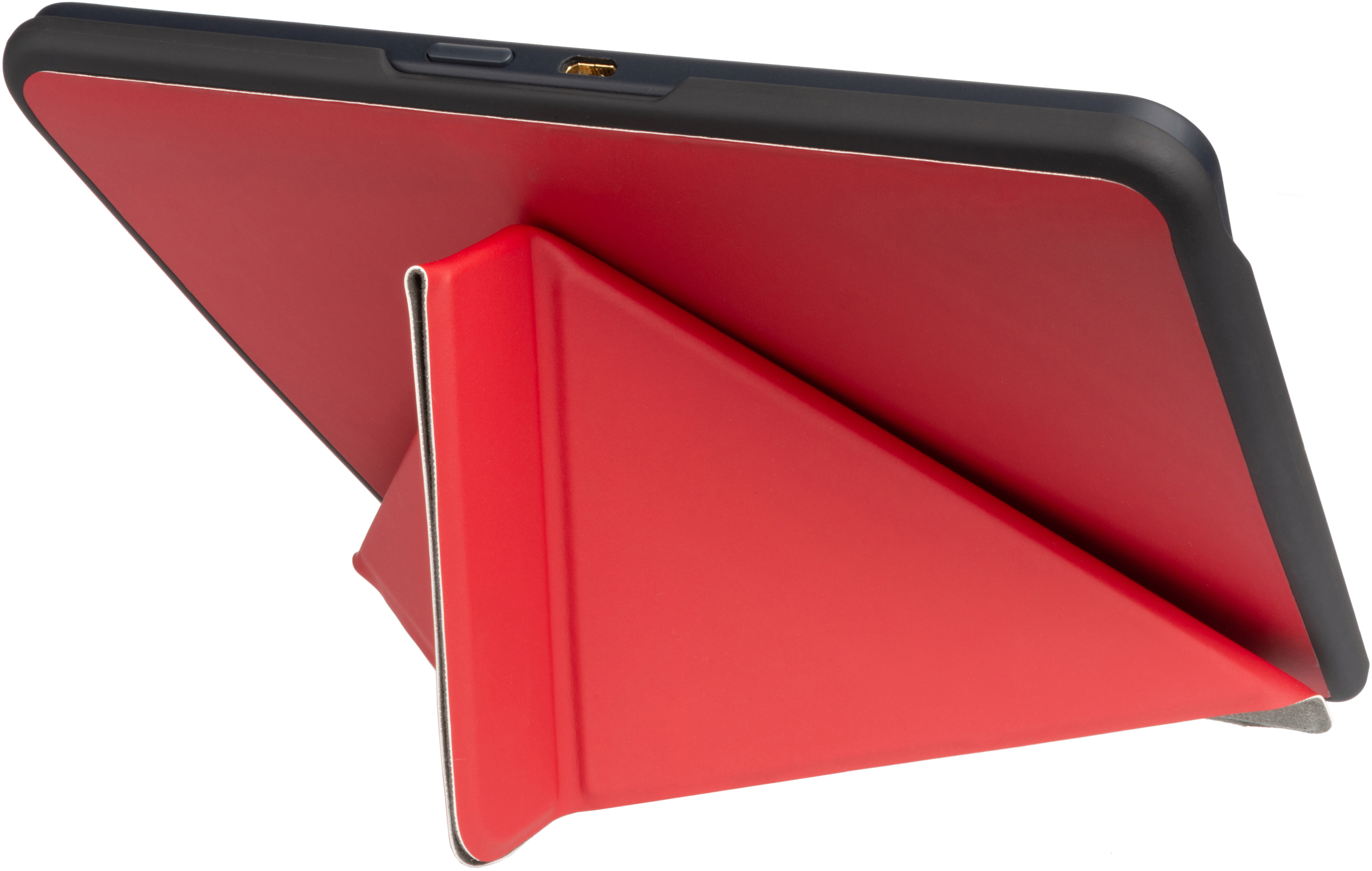 Ein rotes Tablet, das auf einem roten Ständer steht, zeigt die Rückseite des Tablets.