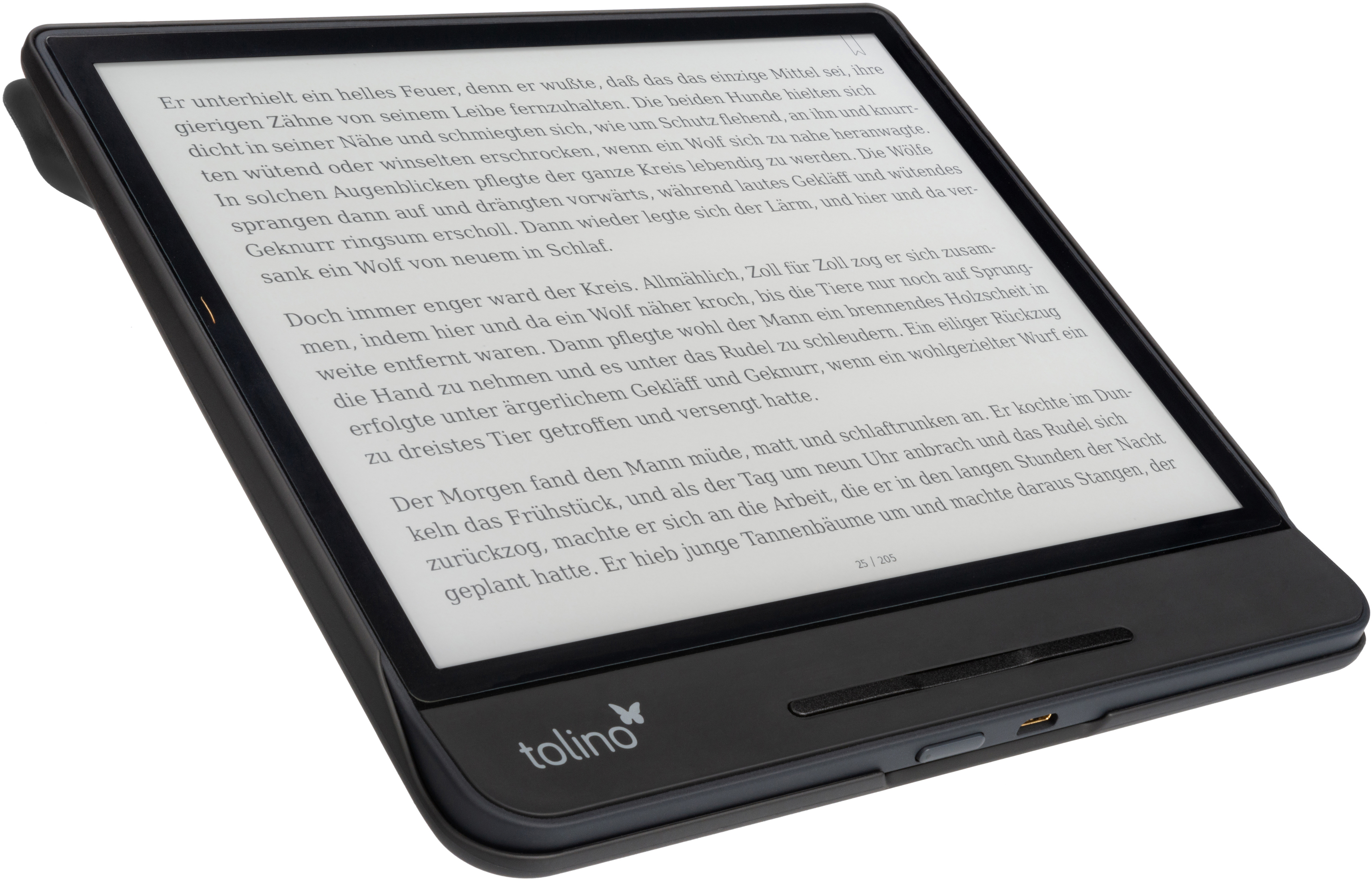 E-Reader mit Text auf dem Bildschirm, umgeben von einem schwarzen Rahmen.