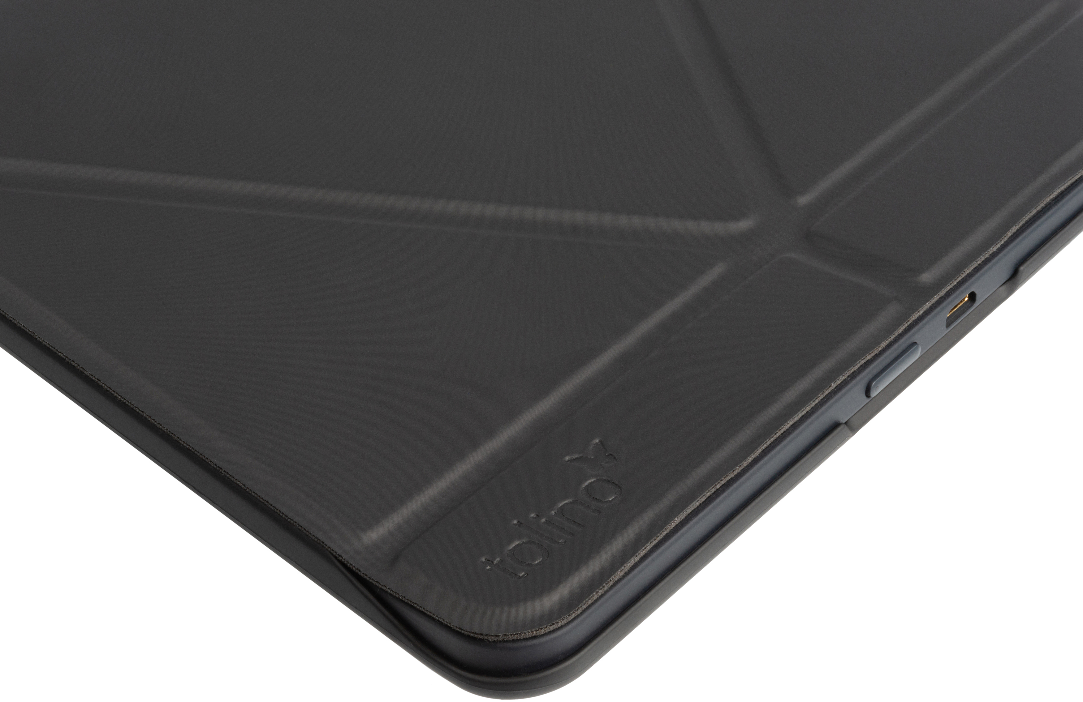 Schwarze Tablethülle mit Folio-Logo.