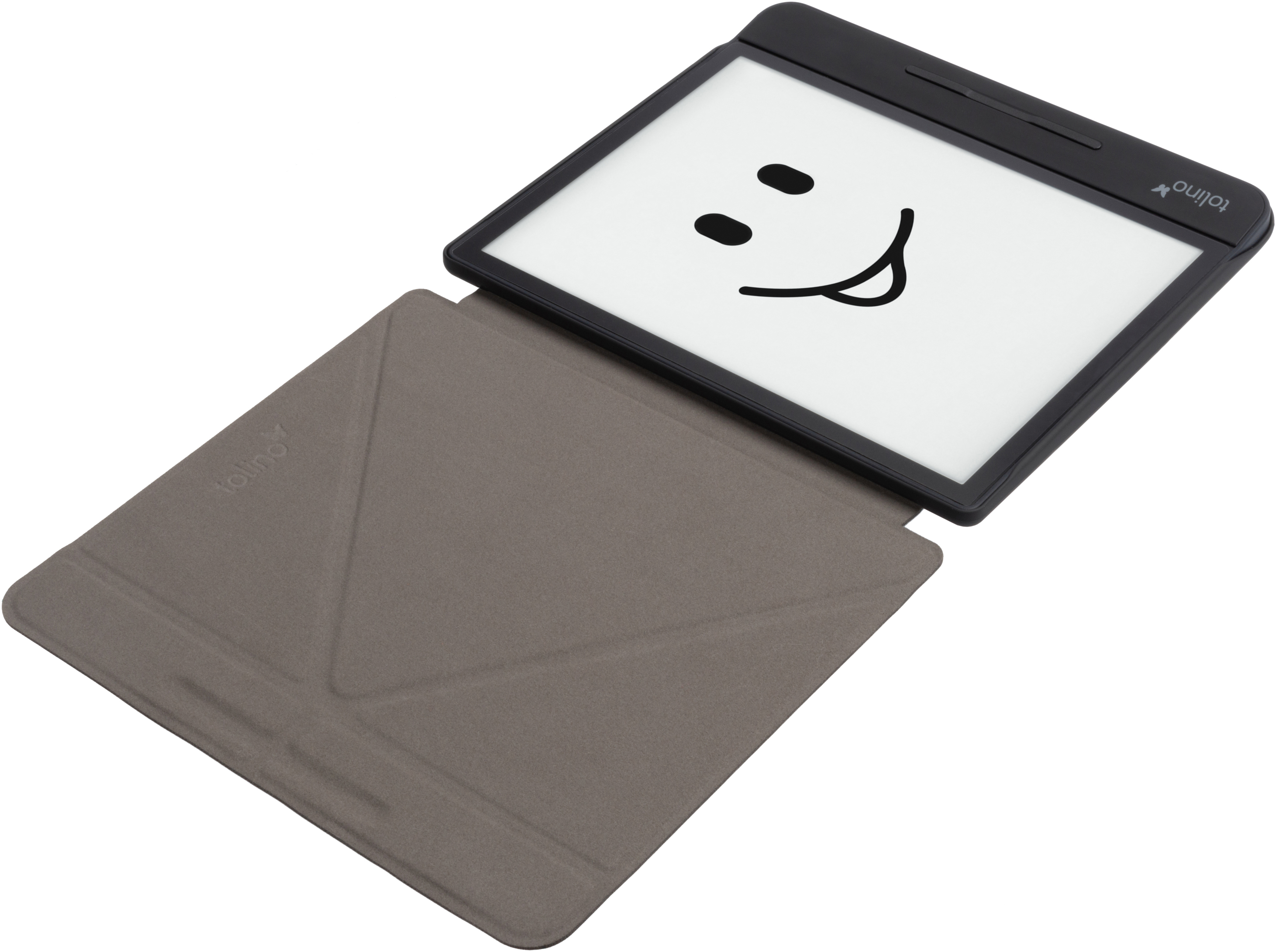 E-Reader mit einem Smiley auf dem Bildschirm, in einer braunen Hülle.