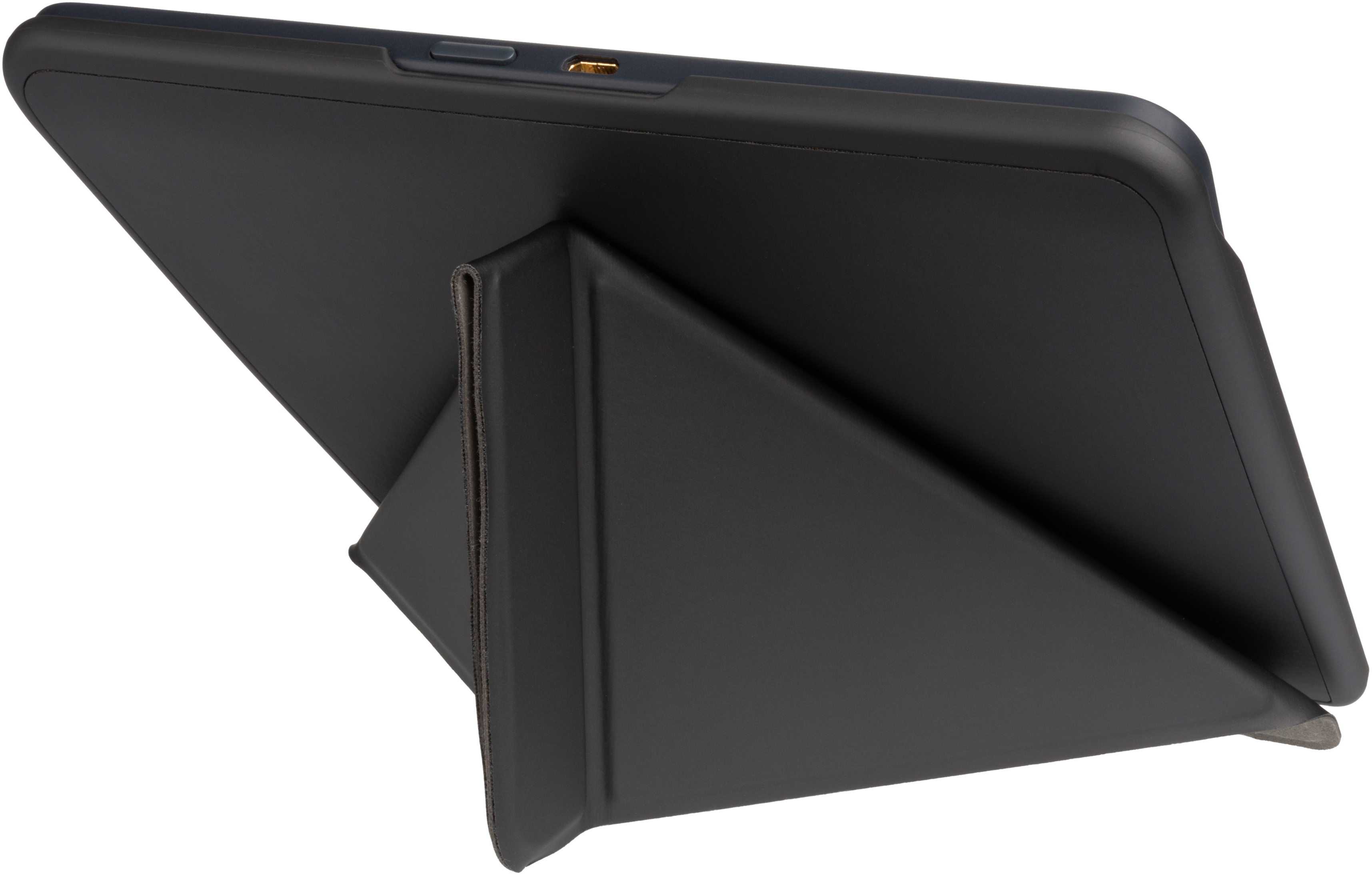 Schwarzes Tablet in einer schwarzen Hülle mit Ständer. Das Tablet ist leicht angewinkelt.