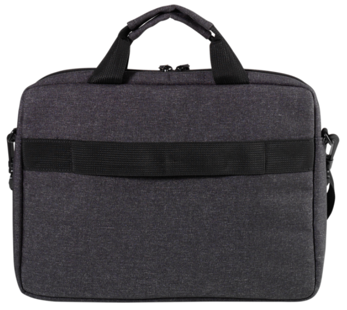 Eine dunkelgraue Laptoptasche mit schwarzem Griff und Riemen.